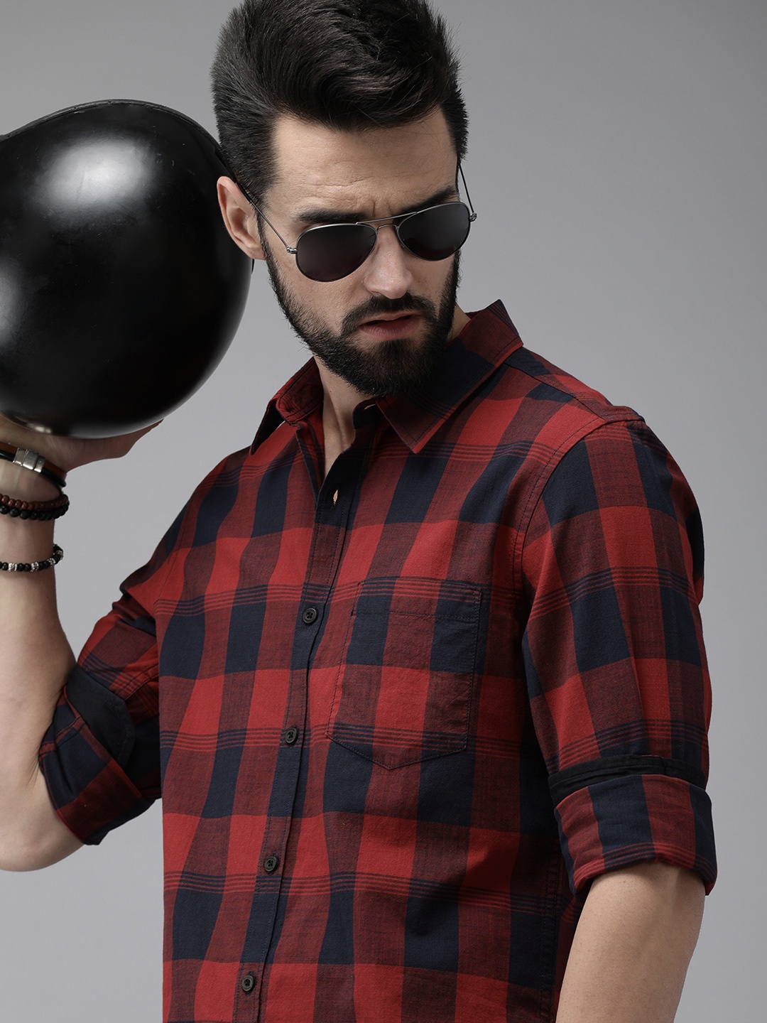 

Roadster Men Maroon & Navy Blue Buffalo Checks Checked Casual Pure Cotton Shirt