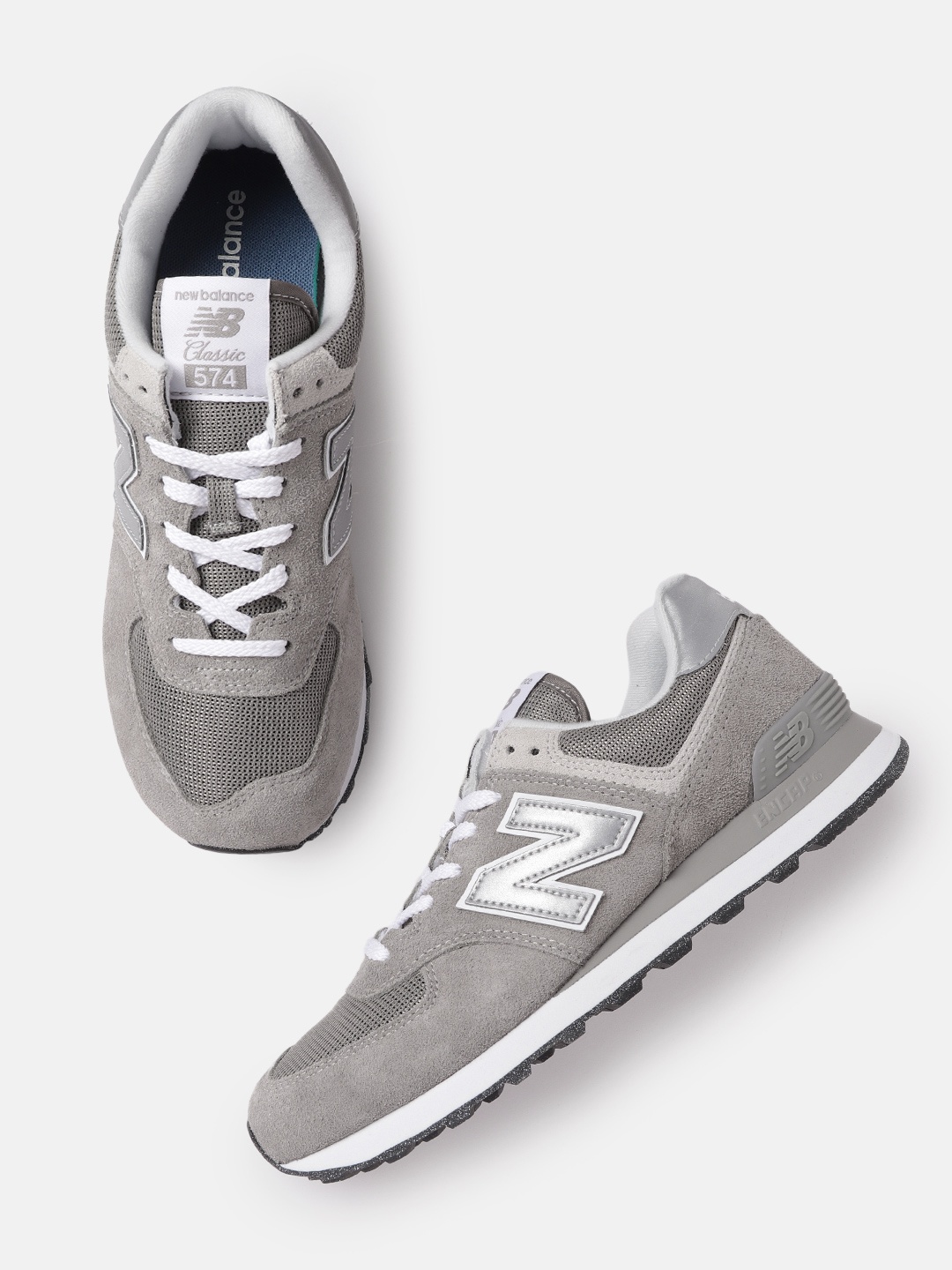 

New Balance Men 574 Grey & Silver-Toned Woven Design Suede Sneakers