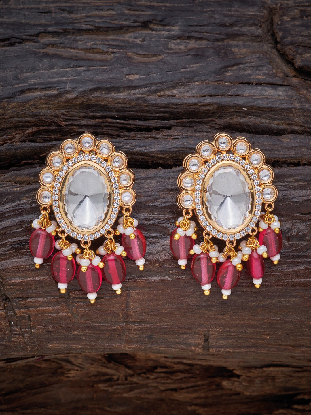 

Kushal's Fashion Jewellery Gold-Plated Red Oval Drop Earrings