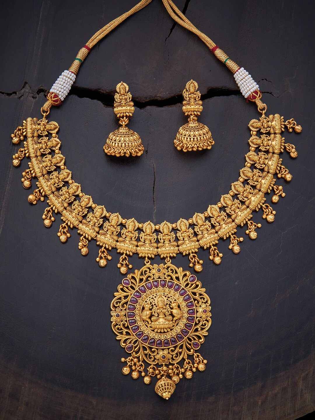 

Kushal's Fashion Jewellery Gold-Plated Red Stone-Studded Temple Jewellery Set
