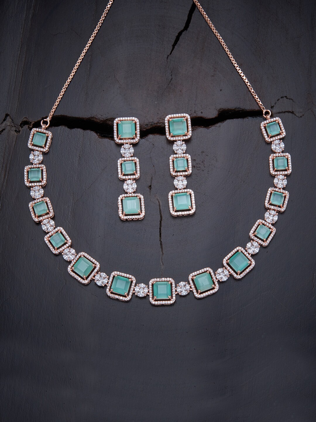 

Kushal's Fashion Jewellery Sea Green & White Rose Gold-Plated Cubic Zirconia Jewellery Set