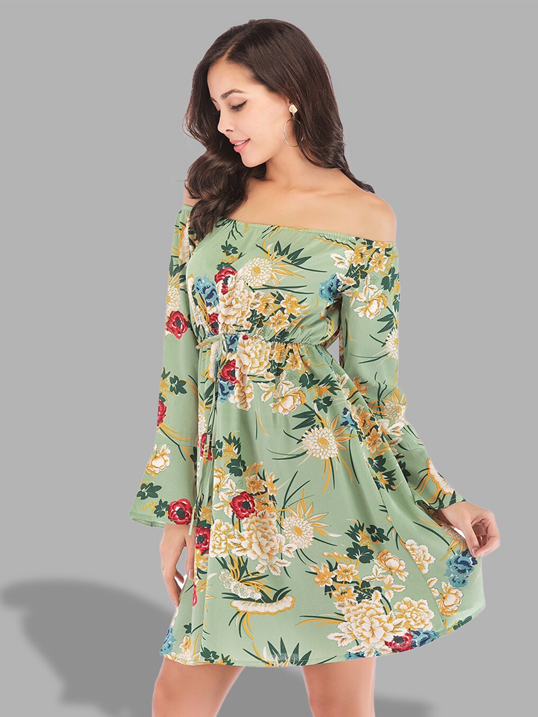 

JC Collection Women Green Floral Printed Off-Shoulder Empire Dress