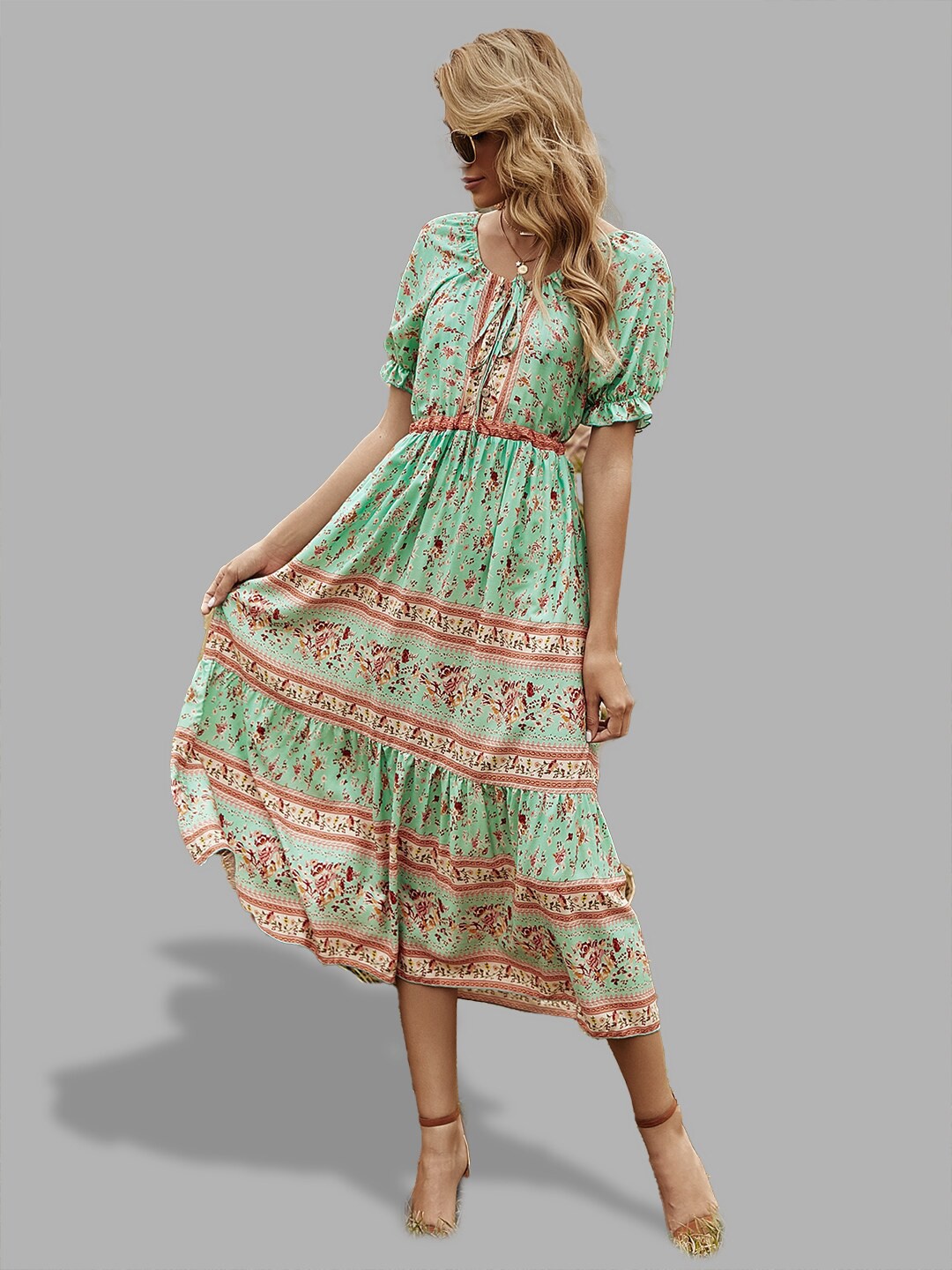 

JC Collection Women Green Ethnic Motifs Tie-Up Neck A-Line Midi Dress