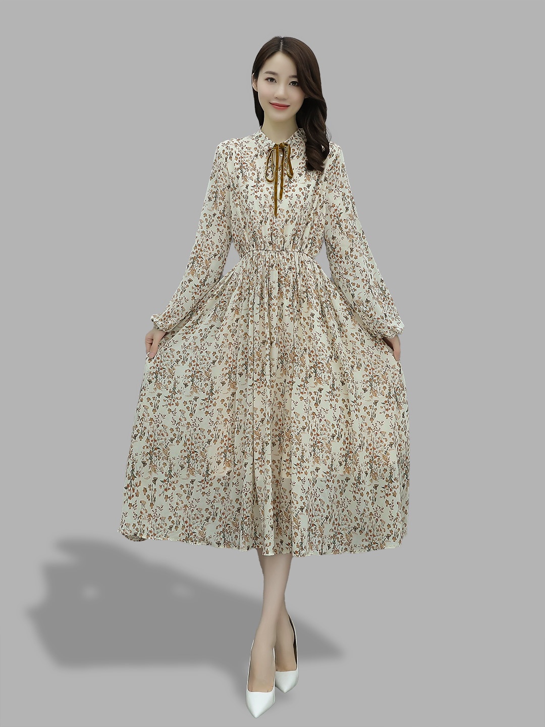 

JC Collection Women Beige Floral Tie-Up Neck A-Line Midi Dress