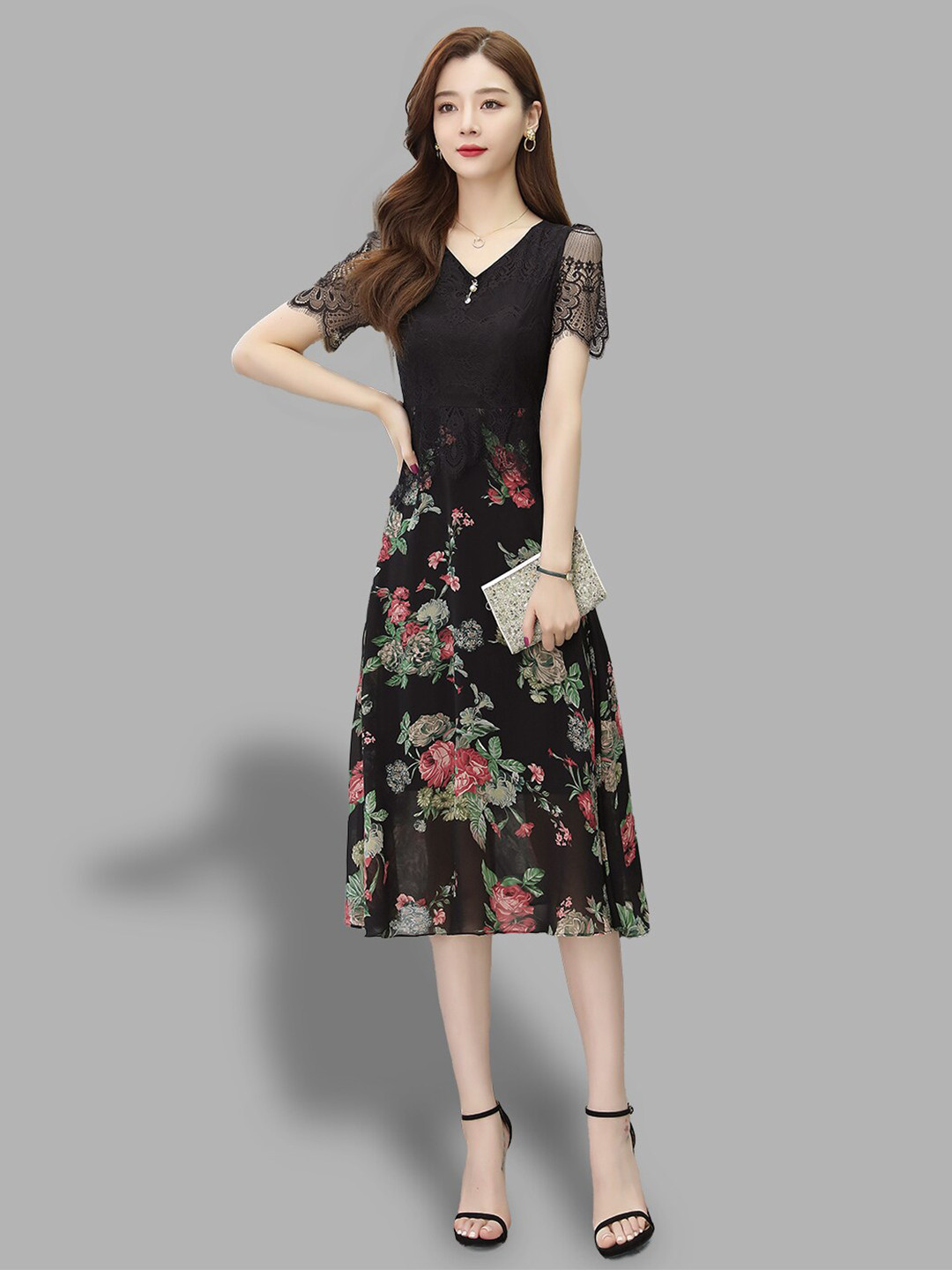 

JC Collection Women Black Floral Midi Dress