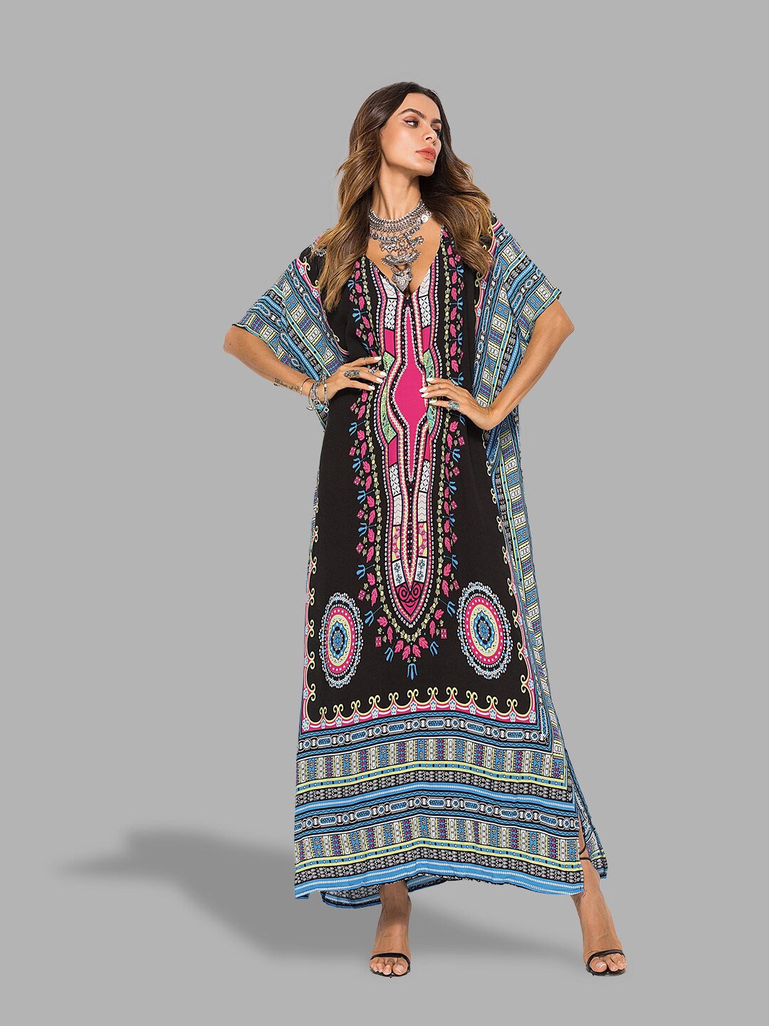 

JC Collection Women Black & Blue Ethnic Motifs Kaftan Maxi Dress