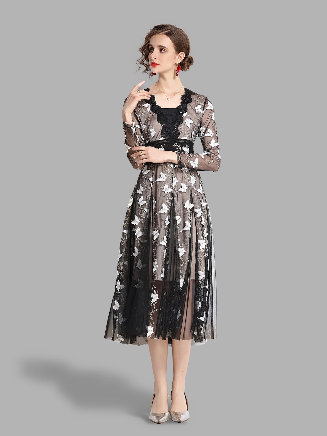 

JC Collection Women Multicoloured Floral Net Midi Dress, Multi