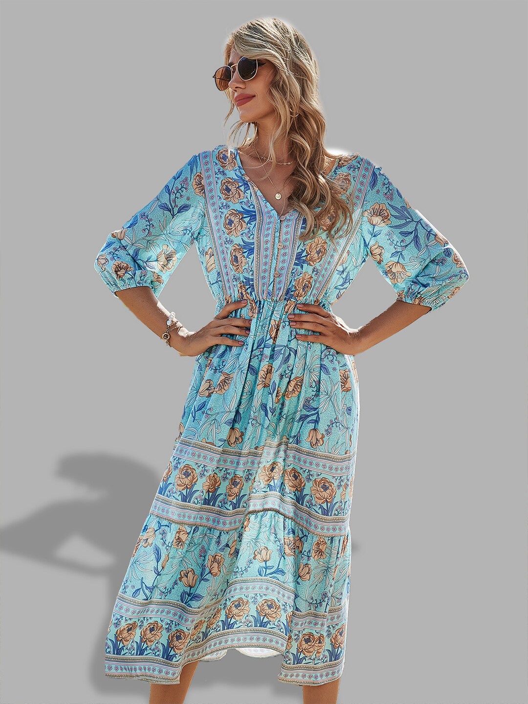 

JC Collection Women Blue Floral A-Line Midi Dress