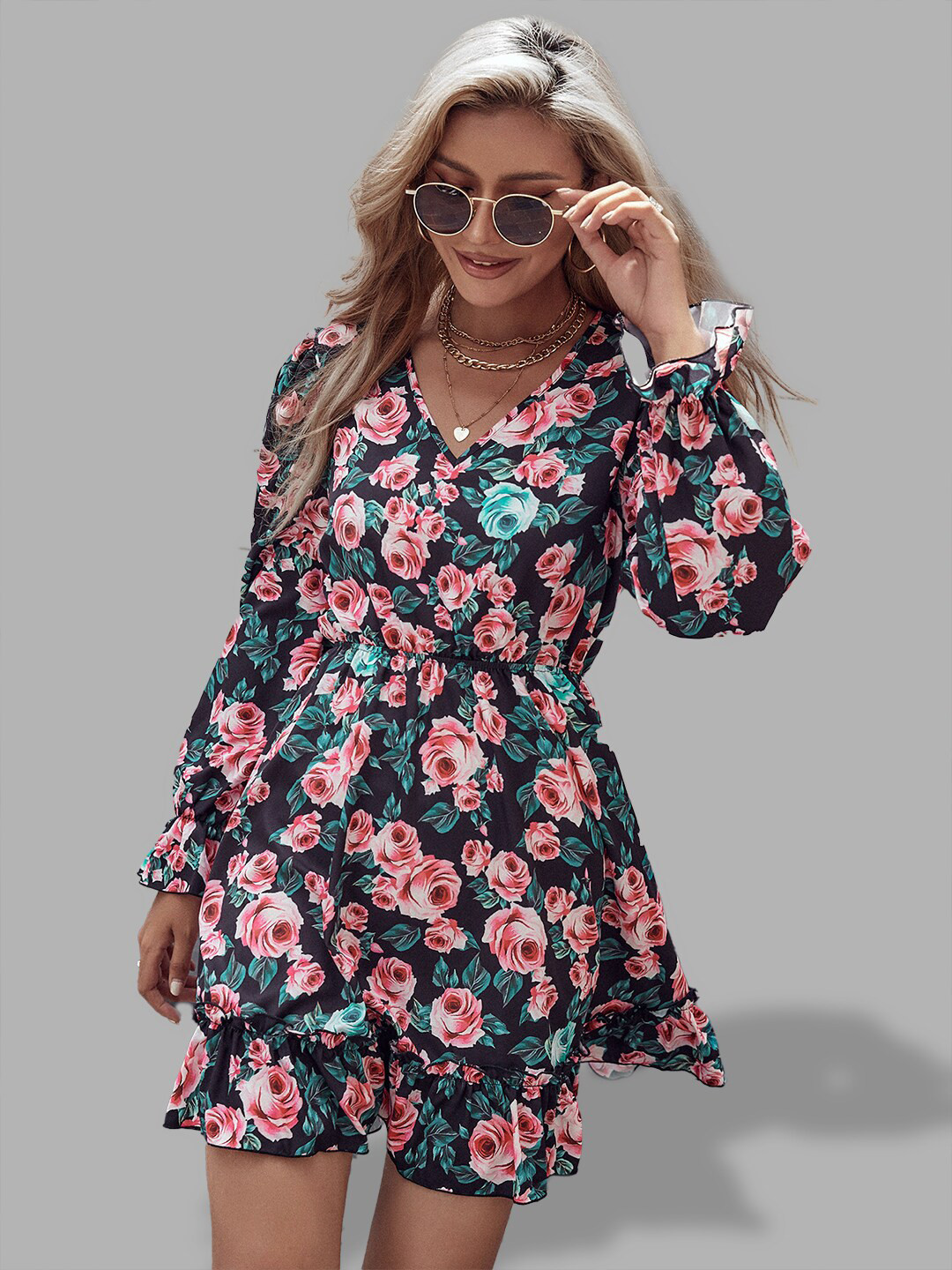 

JC Collection Black & Pink Floral A-Line Dress