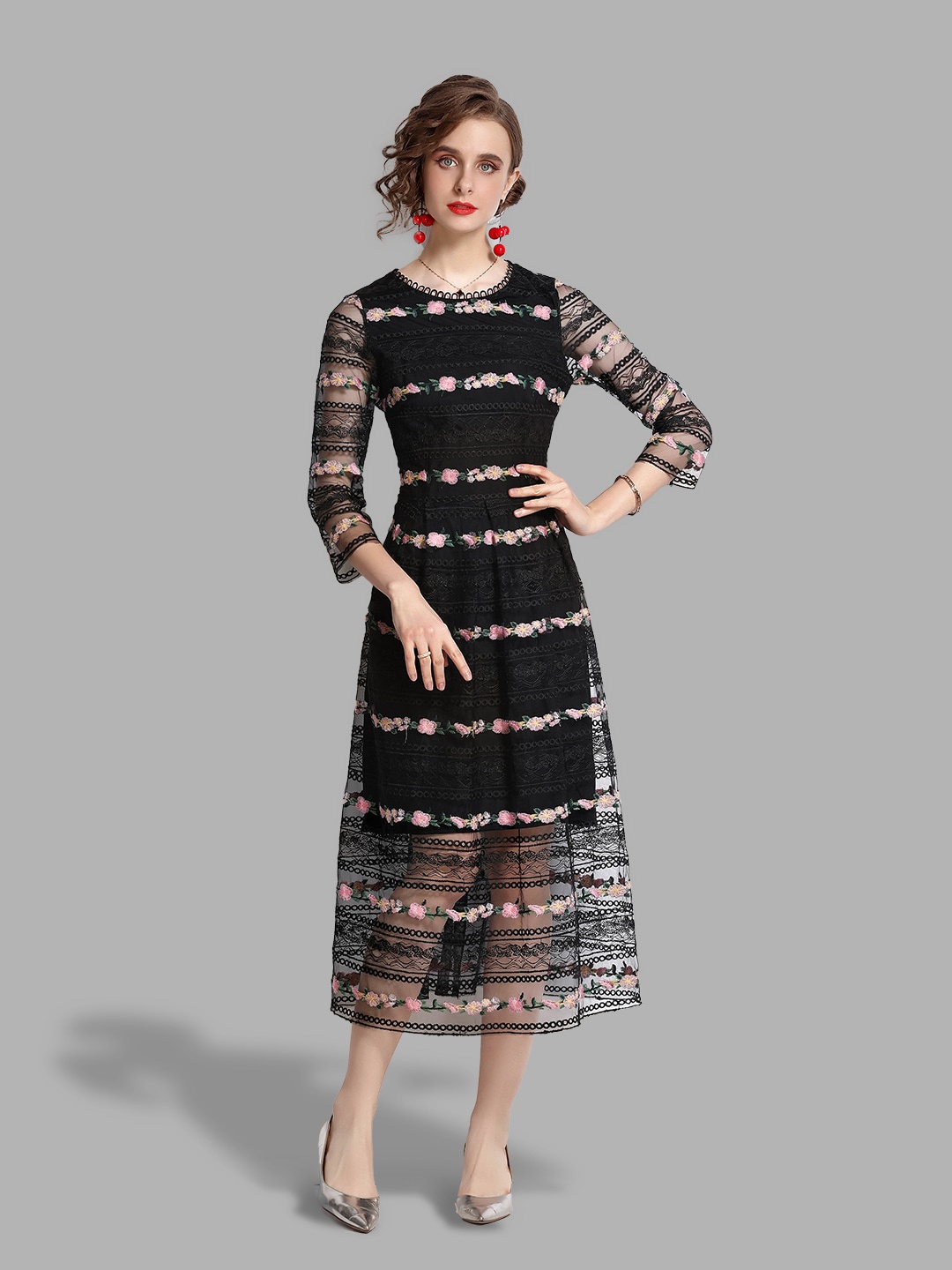 

JC Collection Women Black Floral Embroidered Net A-Line Midi Dress
