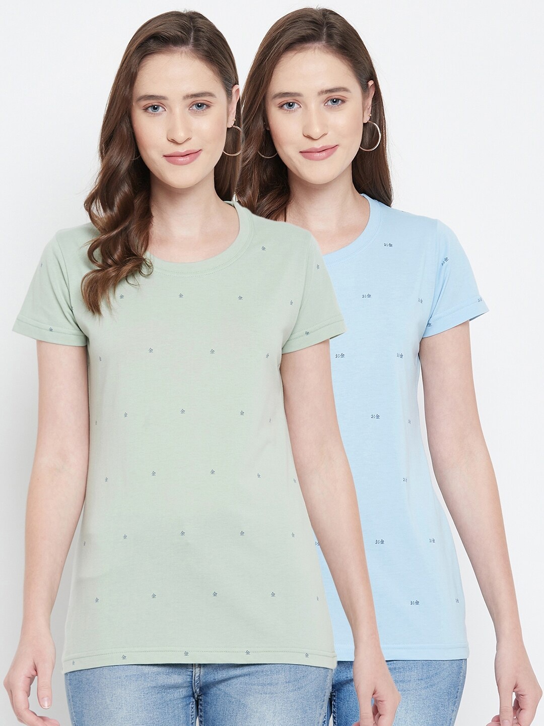 

Okane Women Blue & Green Set Of 2 Printed Cotton T-shirt