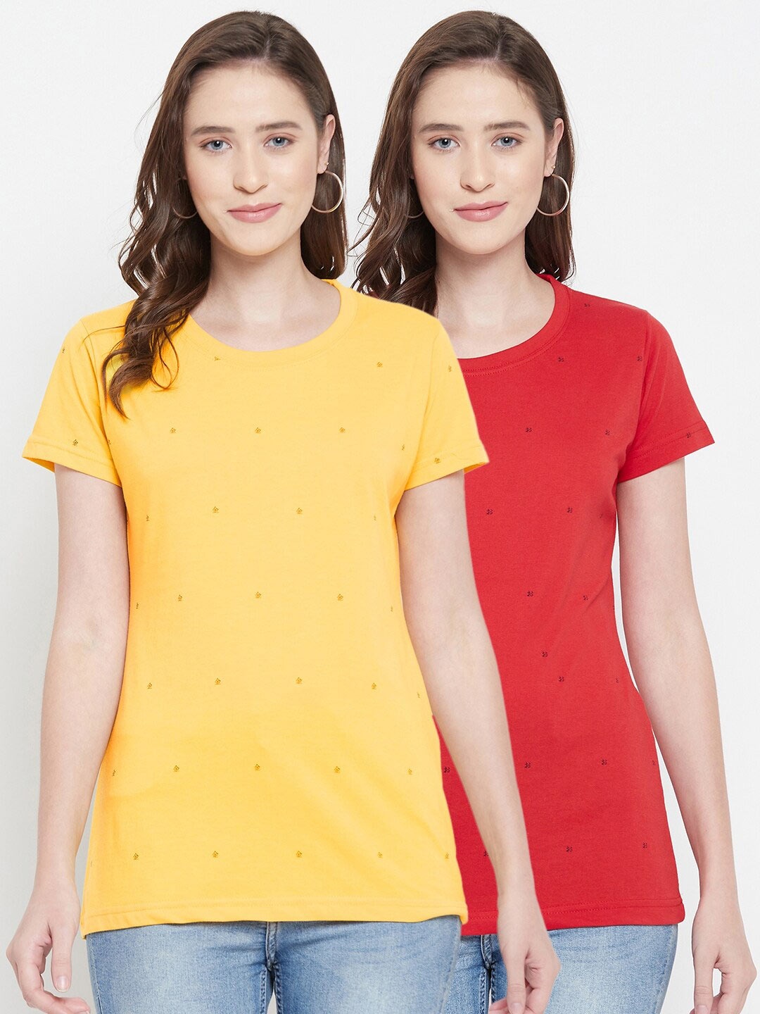 

Okane Women Yellow & Red Set Of 2 Printed Cotton T-shirt