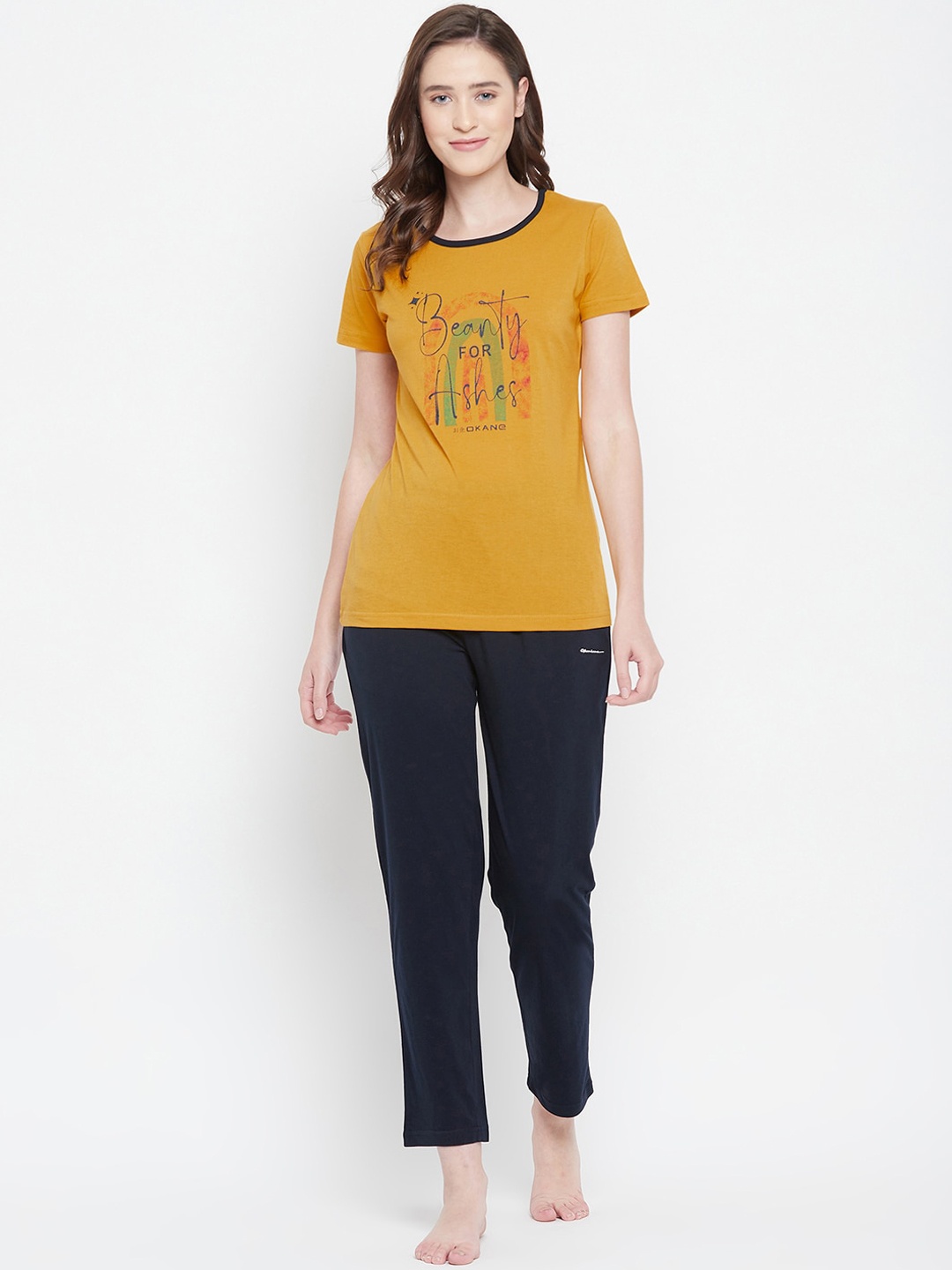 

Okane Women Mustard & Black Printed Night suit