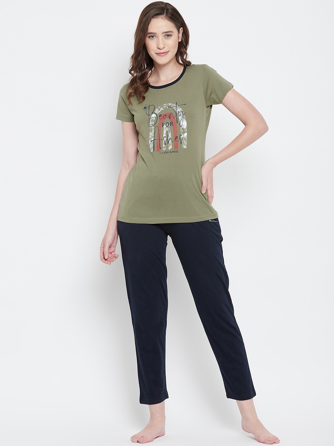 

Okane Women Olive Green & Navy Blue Printed Night suit