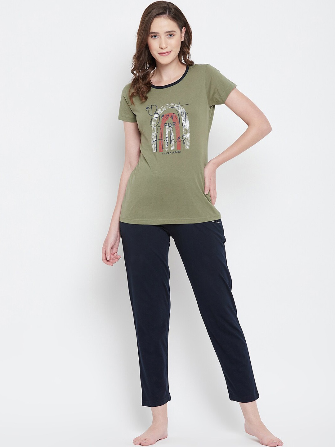 

Okane Plus Size Women Olive Green & Navy Blue Printed Night suit