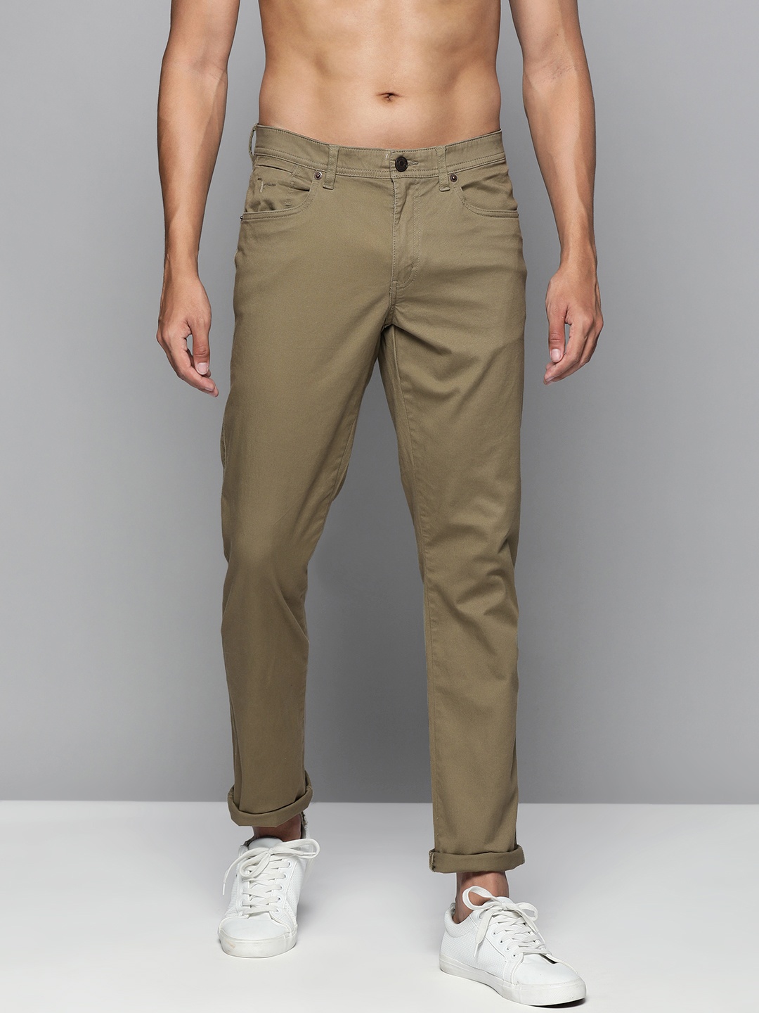 

Flying Machine Men Olive Green Solid Slim Fit Casual Chinos Trousers