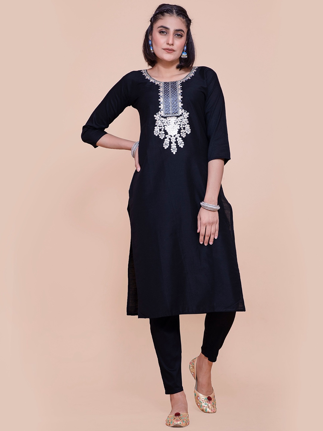 

POONAM DESIGNER Women Black Yoke Design Thread Work Kurta with Trousers
