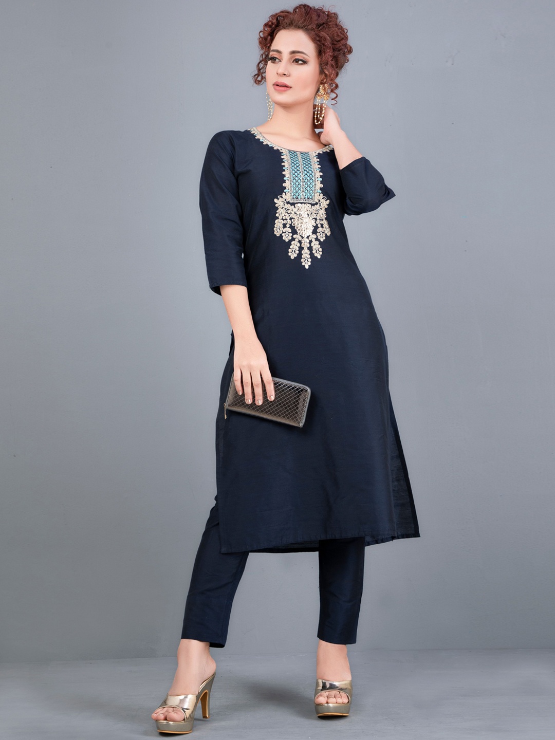 

POONAM DESIGNER Women Navy Blue Embroidered Thread Work Kurta with Trousers