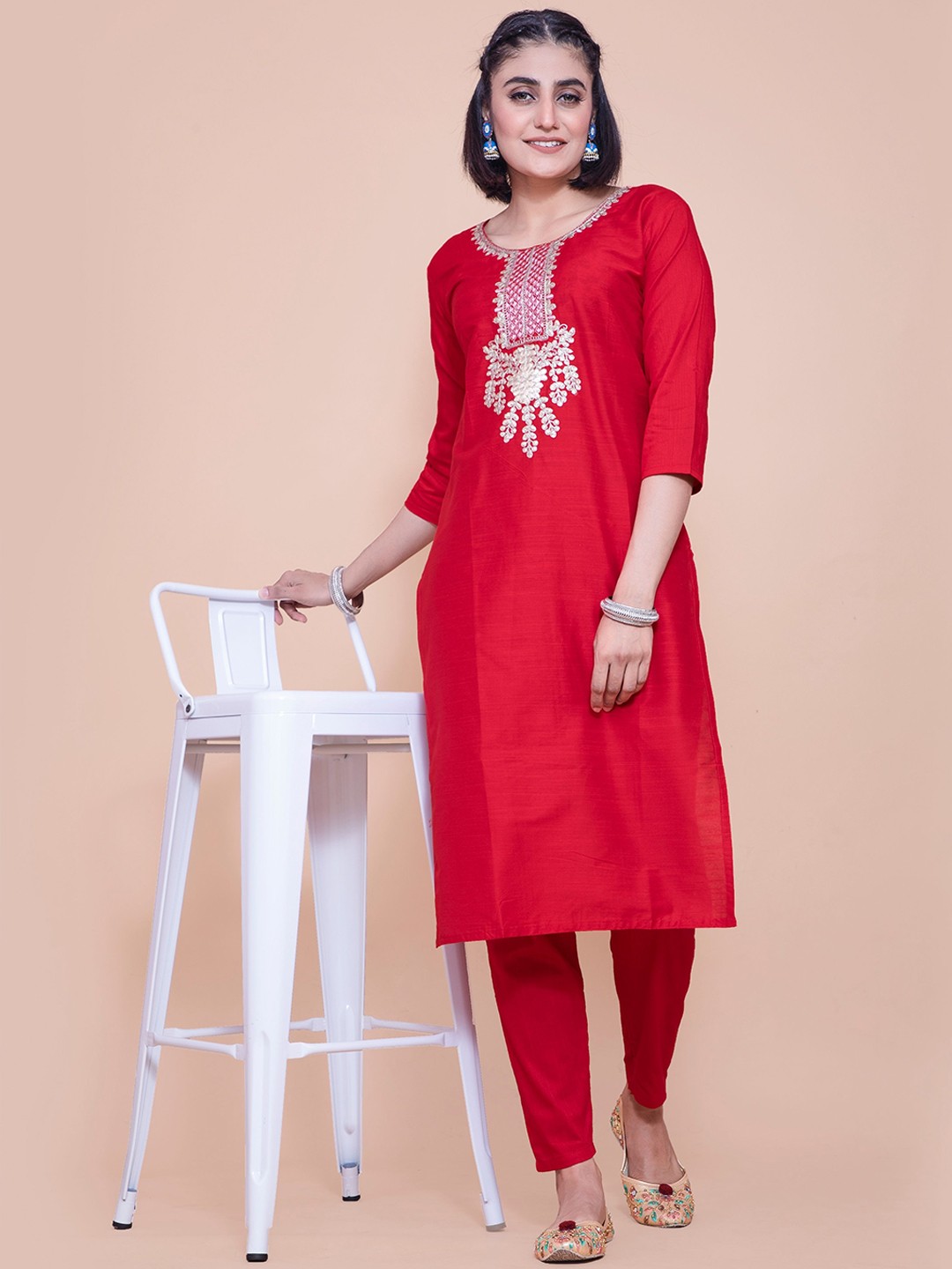 

POONAM DESIGNER Women Red Yoke Design Kurti with Trousers