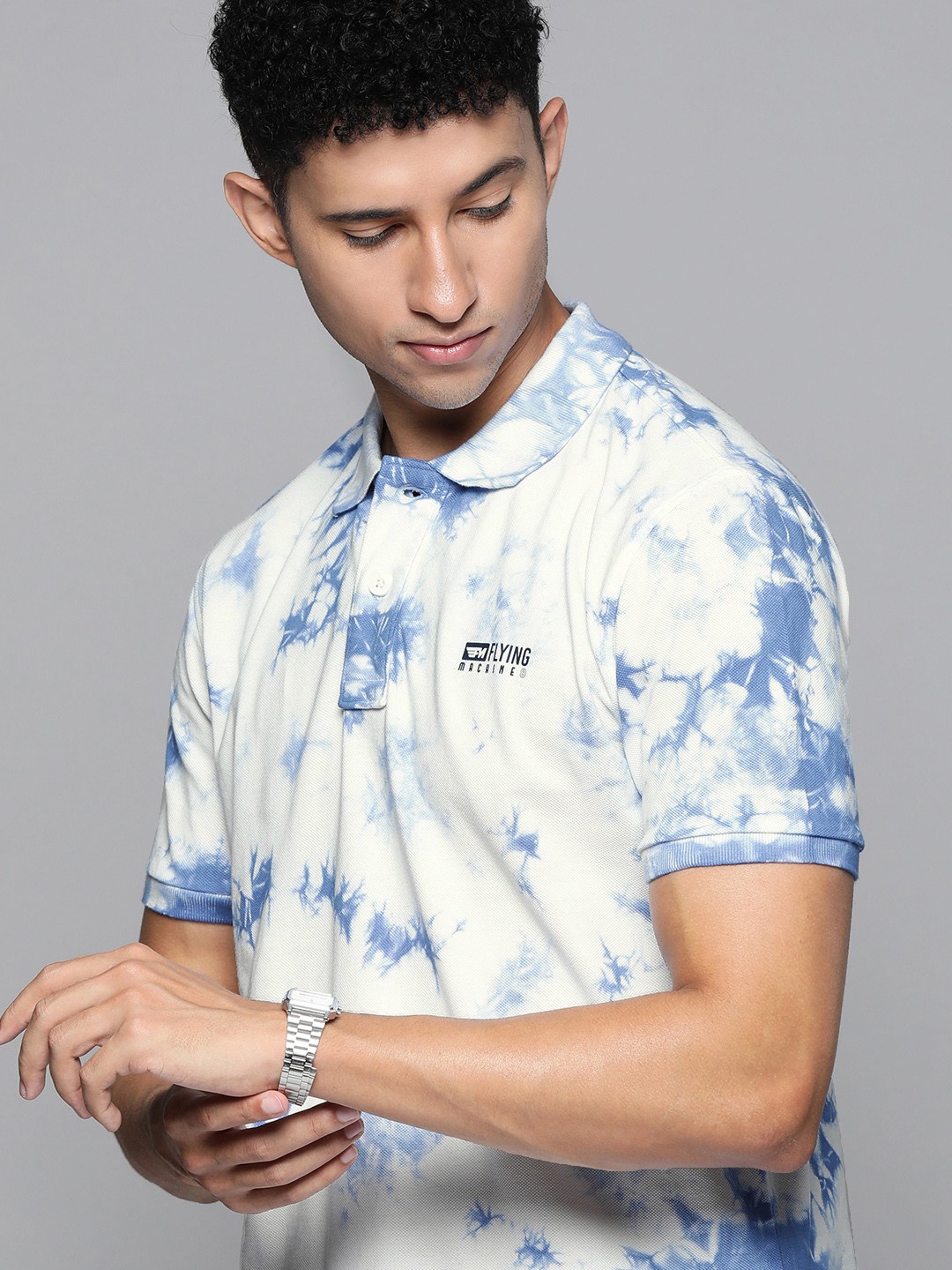 

Flying Machine Men Blue & White Tie and Dye Dyed Polo Collar Slim Fit Pure Cotton T-shirt
