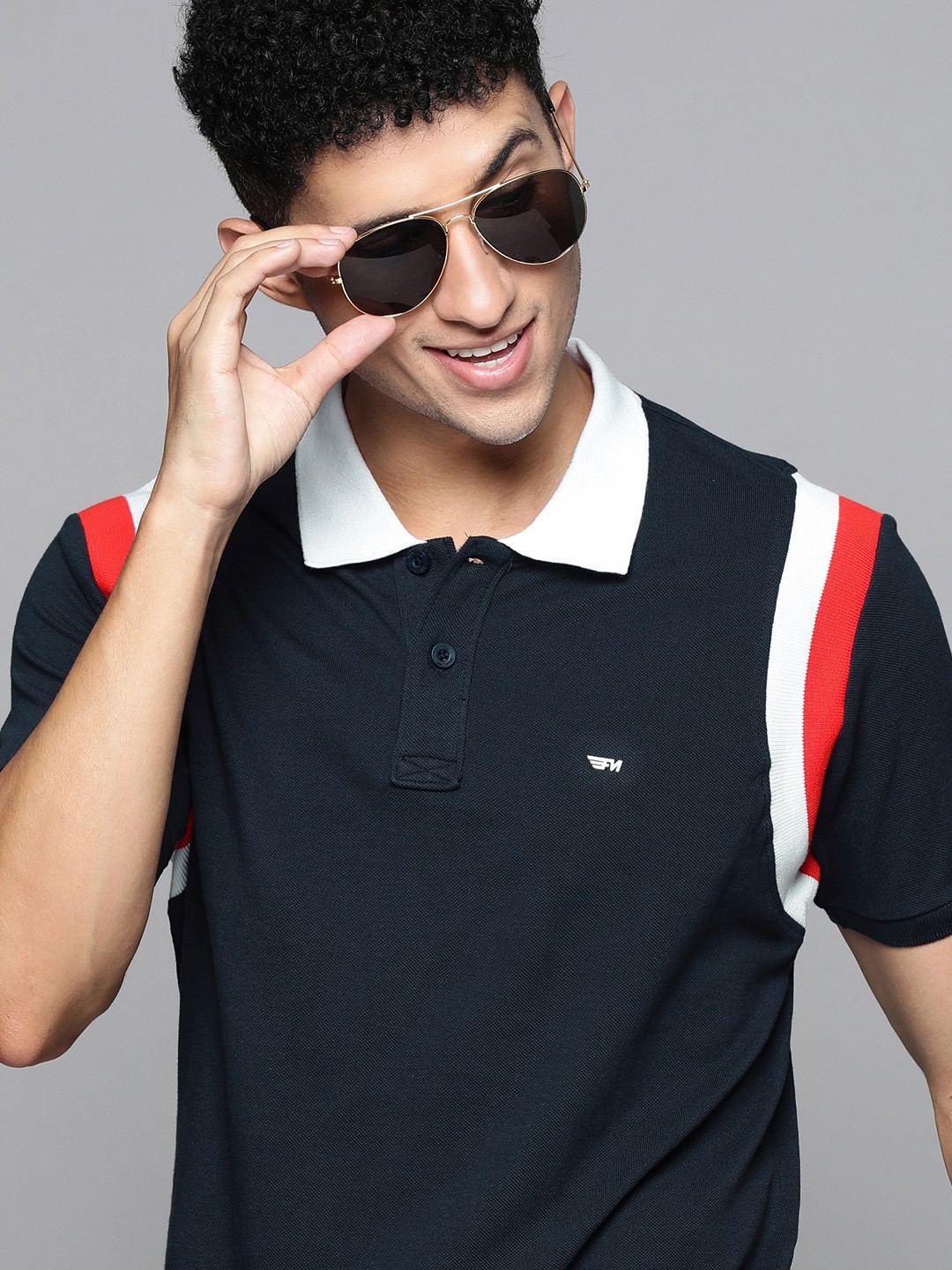 

Flying Machine Men Navy Blue & Red Colourblocked Polo Collar Slim Fit Casual T-shirt