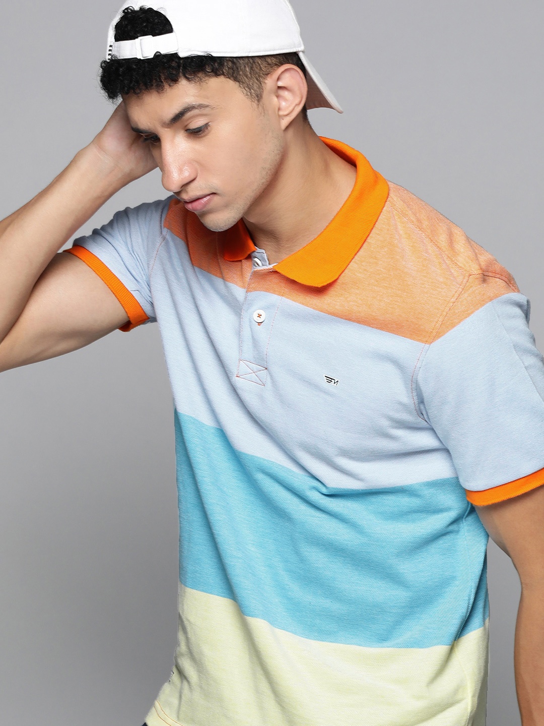 

Flying Machine Men Orange & Multicoloured Colourblocked Polo Collar Slim Fit T-shirt