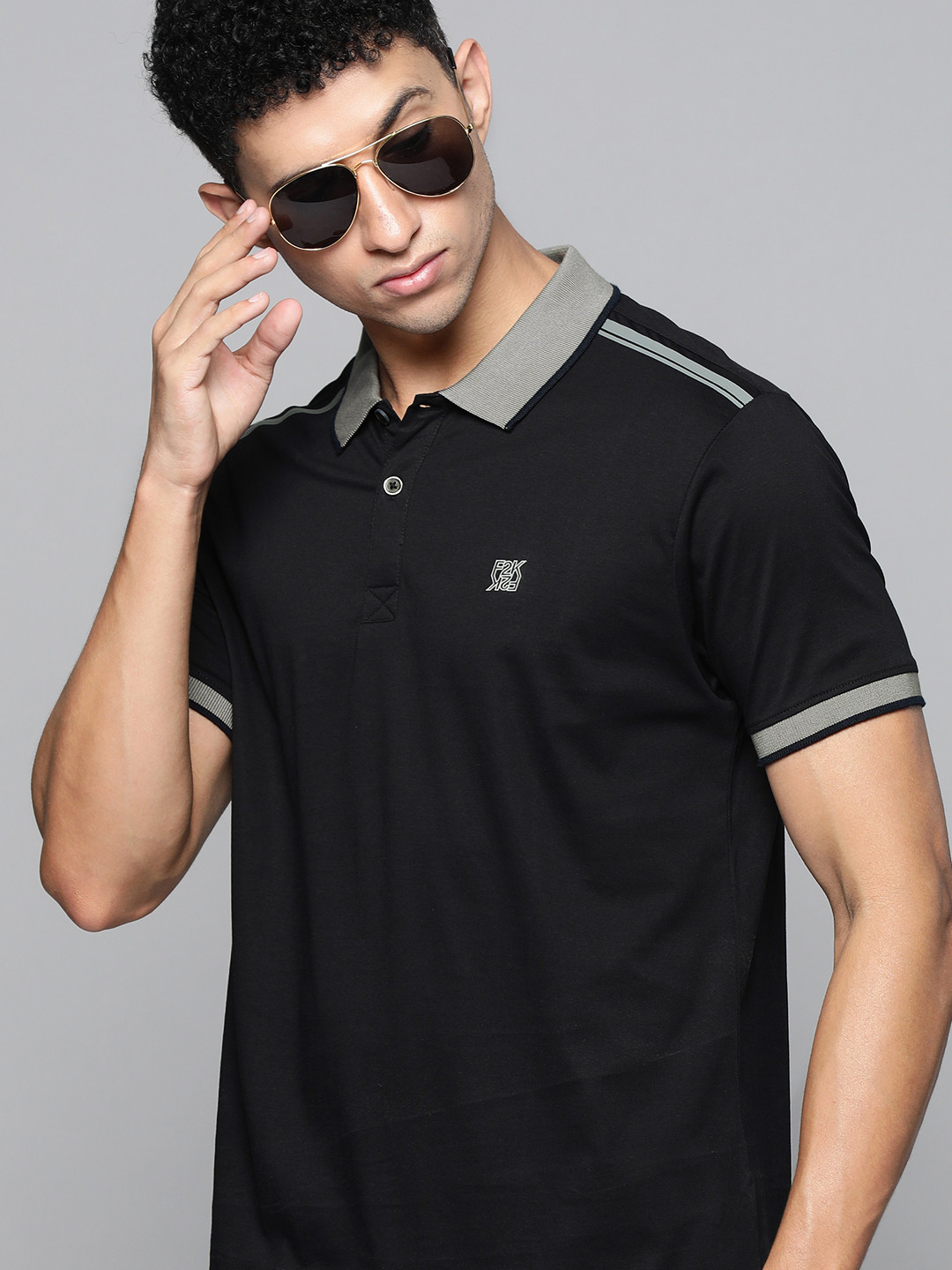 

Flying Machine Men Black & Grey Polo Collar Pure Cotton Slim Fit T-shirt