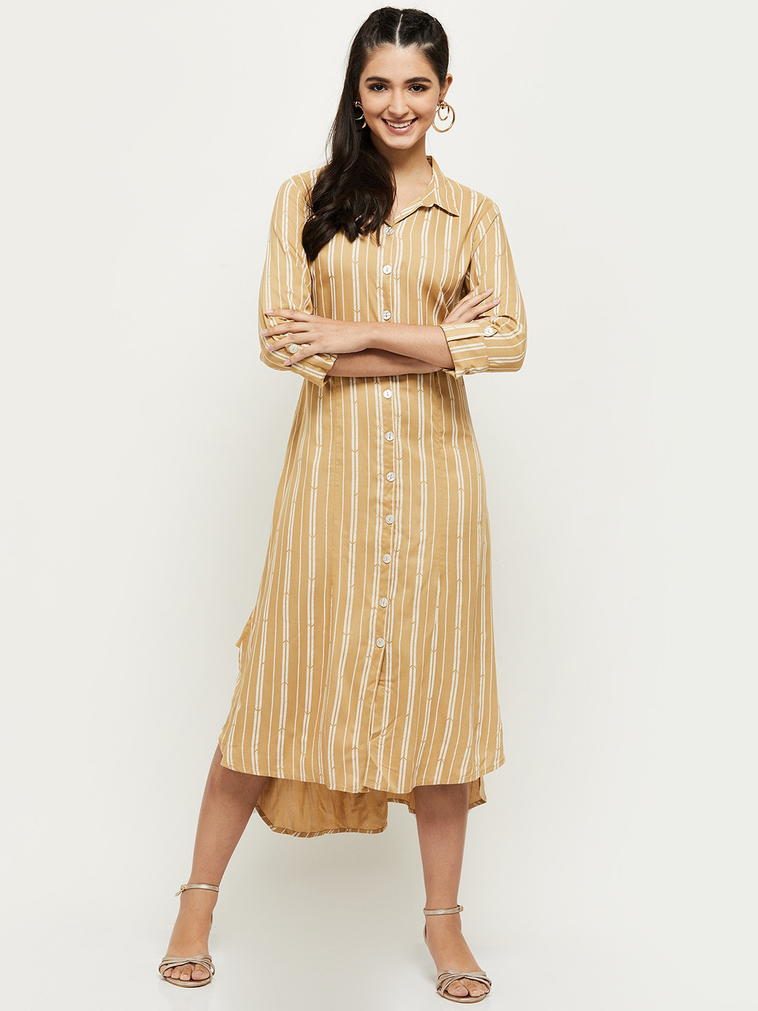 

max Women Nude-Coloured Striped Shirt Midi Dress