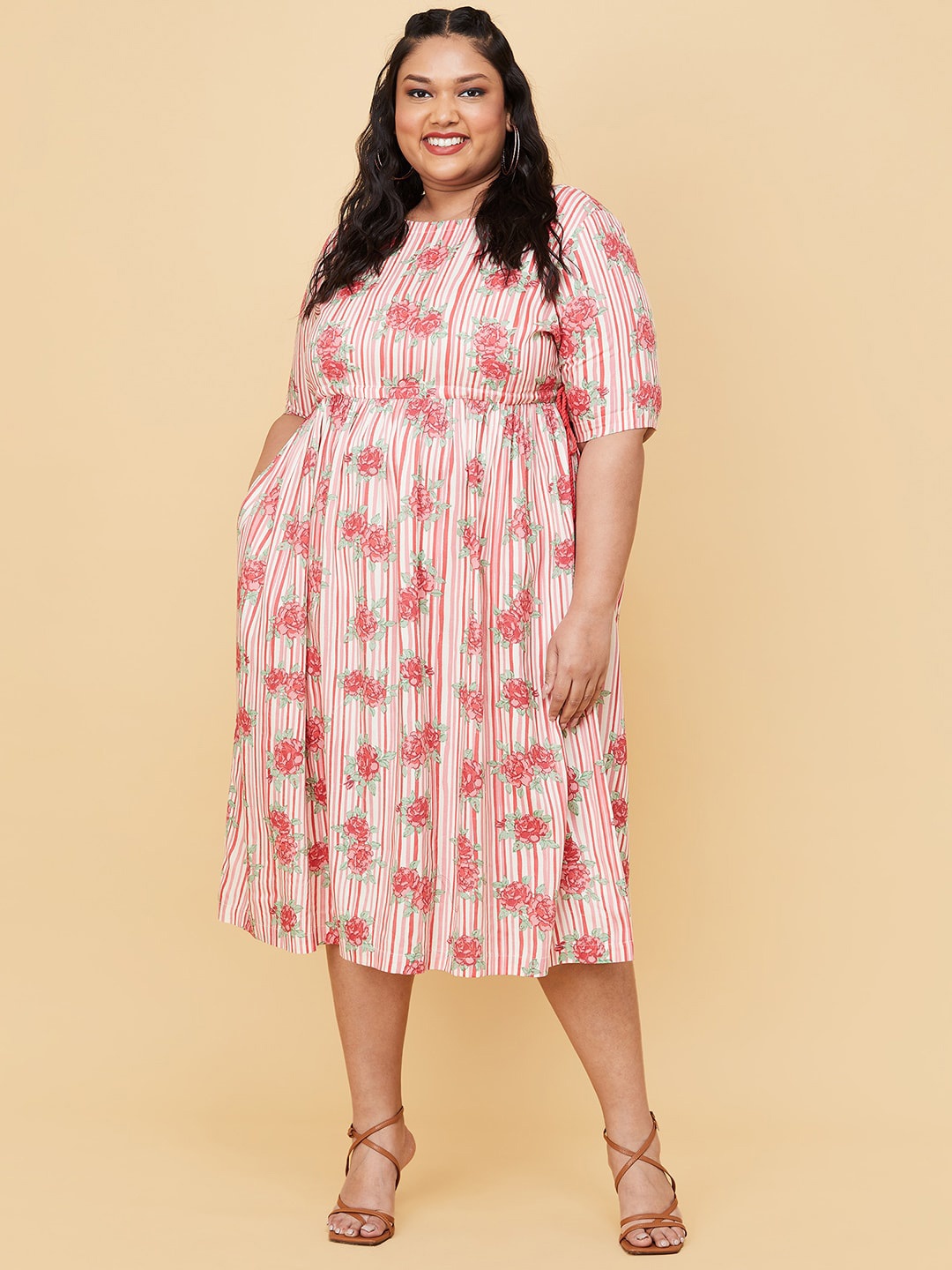 

max Women Plus Size Pink Floral Empire Midi Dress