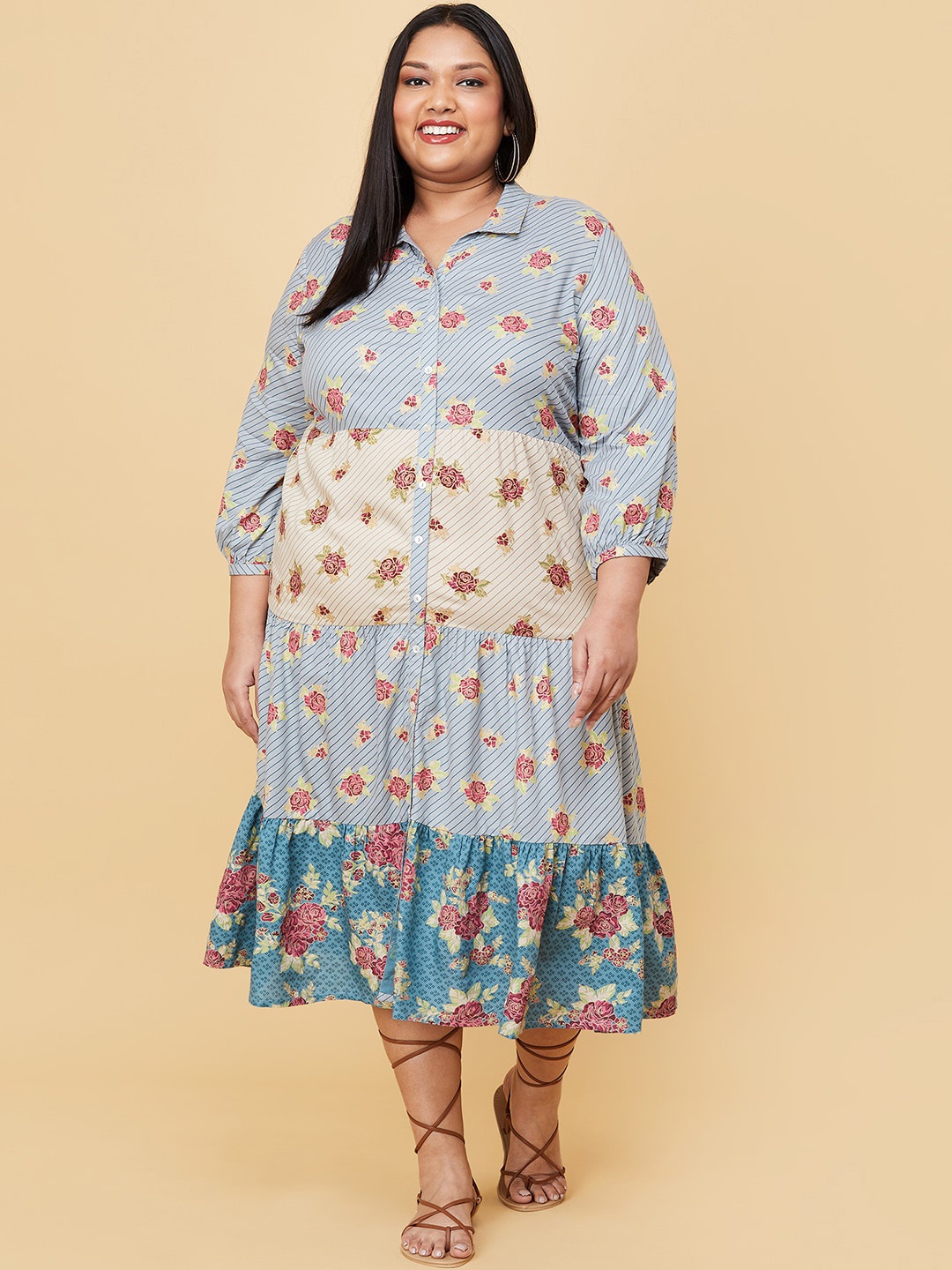 

max Women Plus Size Blue Floral Shirt Midi Dress