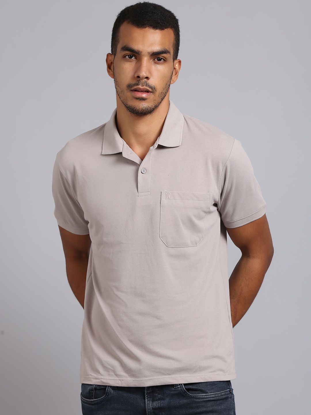 

VENITIAN Men Silver-Toned Polo Collar Cotton T-shirt