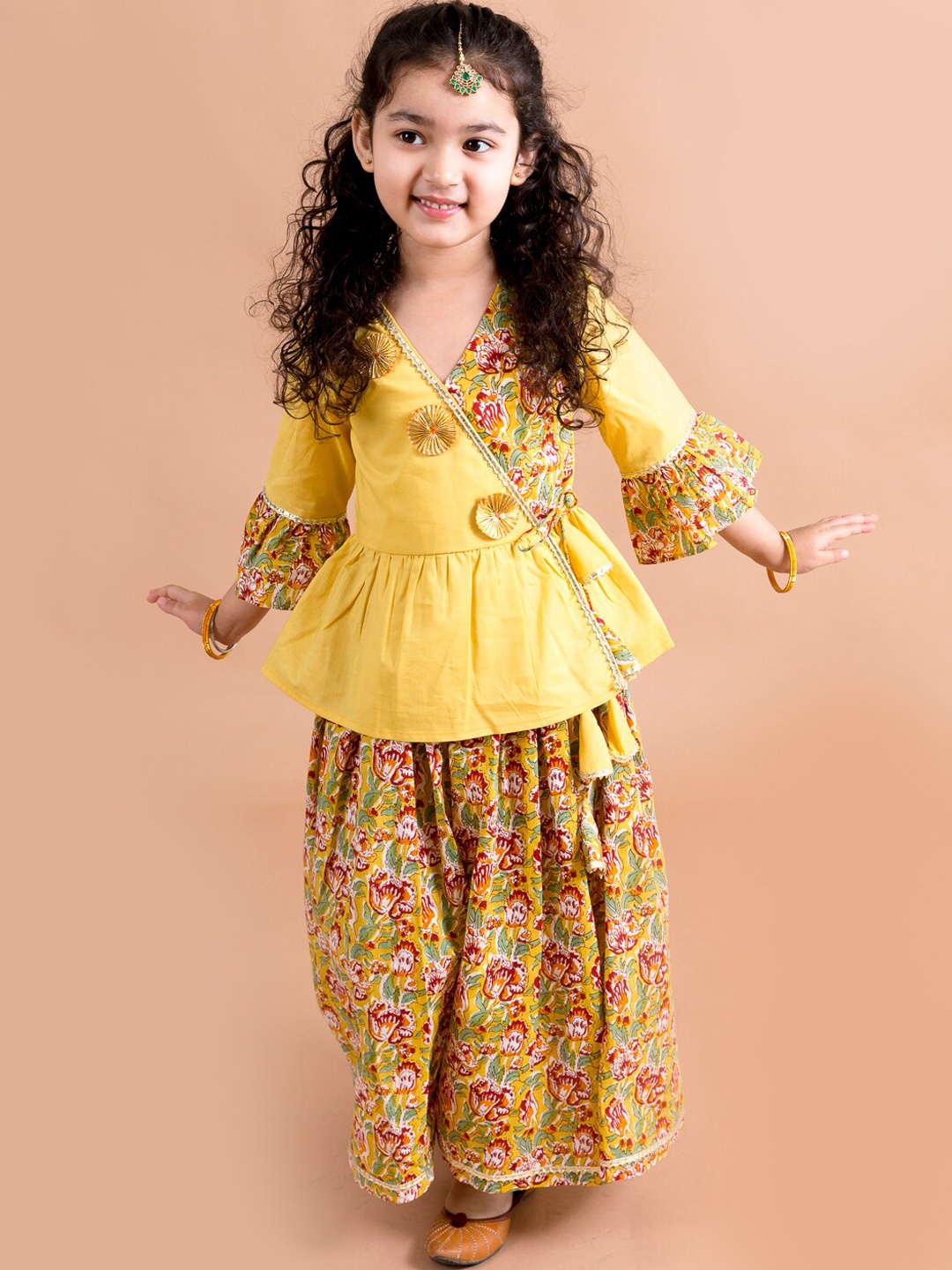 

pspeaches Girls Mustard Yellow Floral Printed Angrakha Pure Cotton Kurti With Palazzos