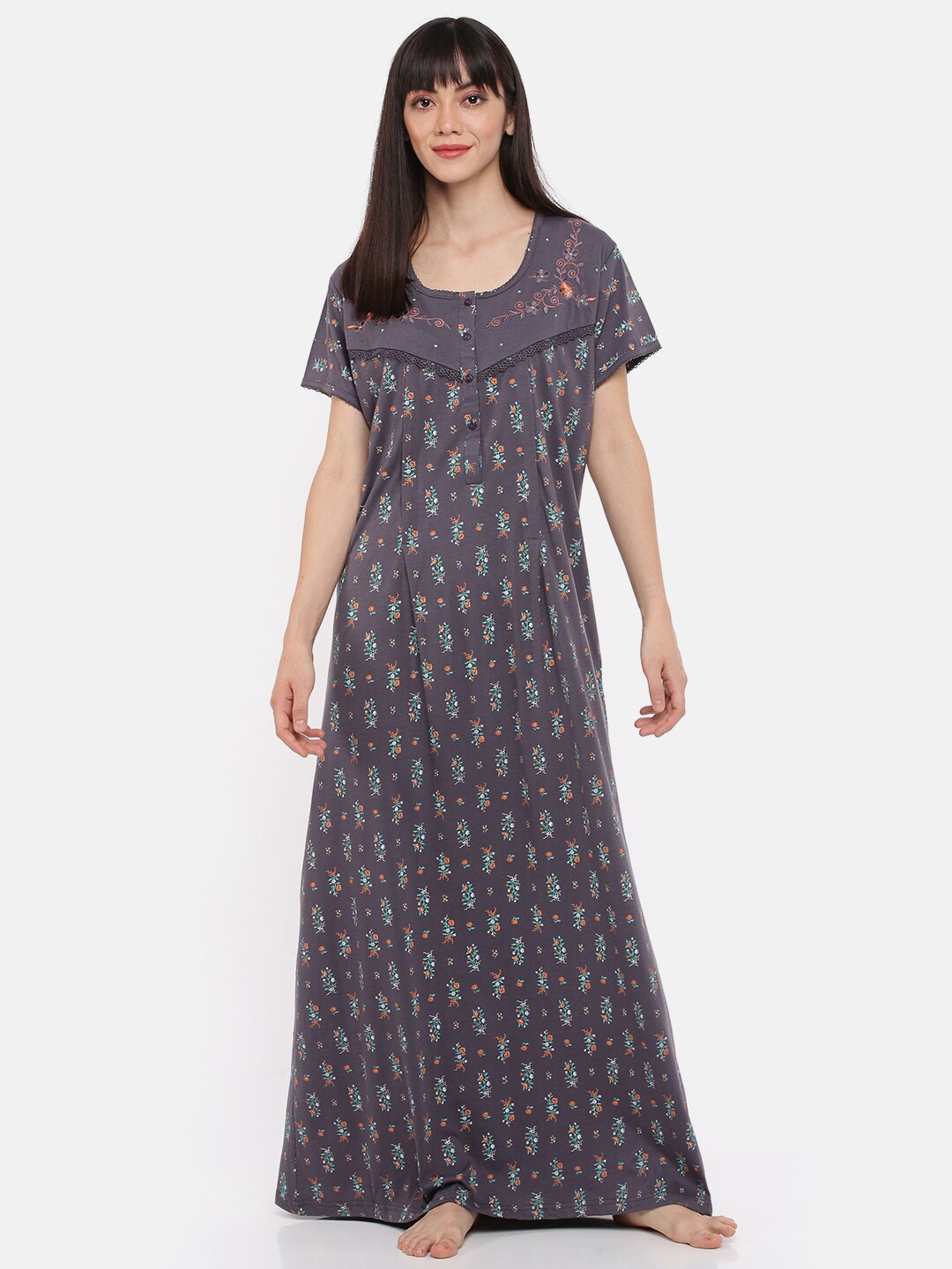 

9shines Label Women Grey Printed Cotton Maxi Maternity Nightdress