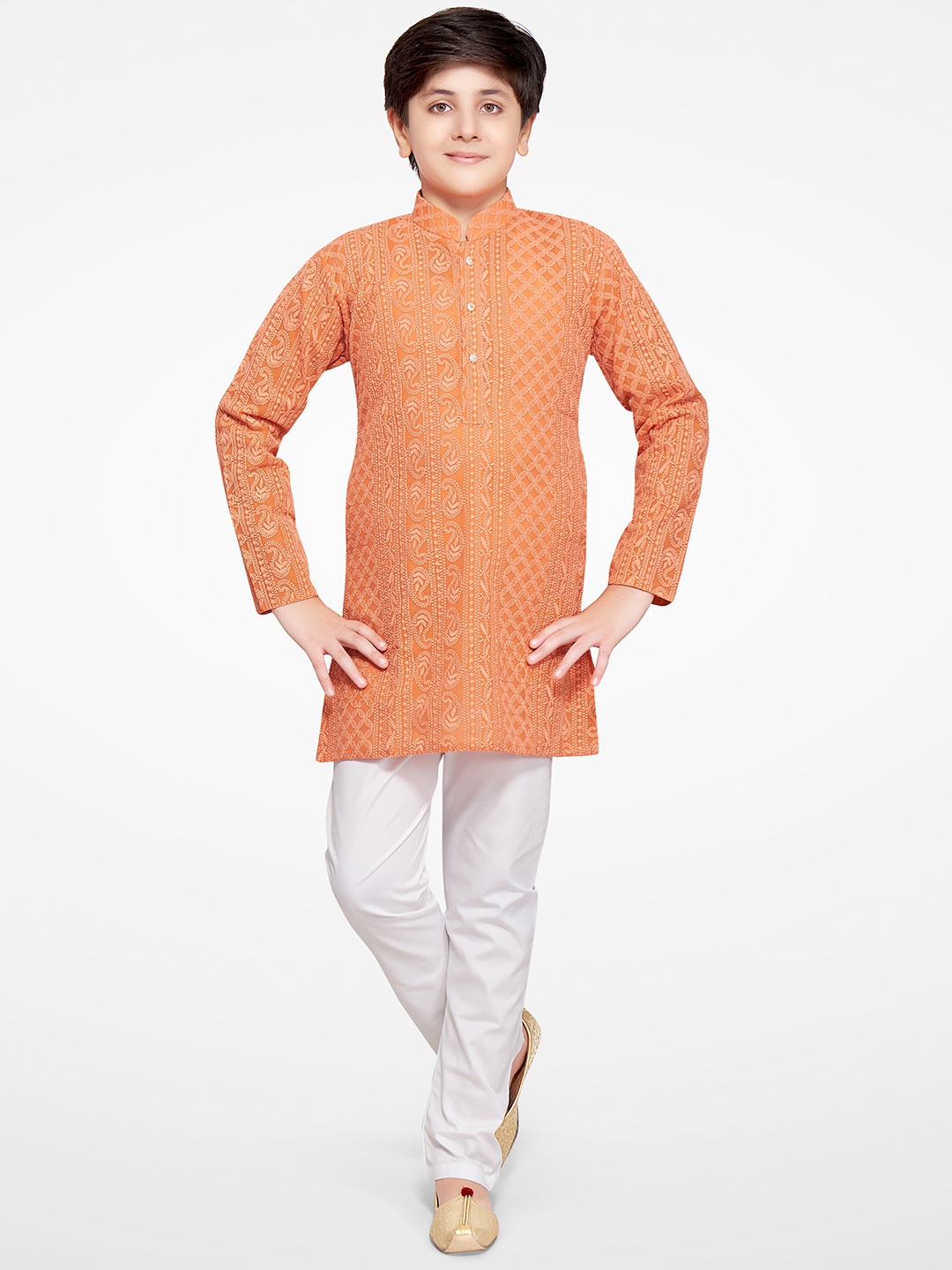 

Jeetethnics Boys Orange and White Ethnic Motifs Embroidered Kurta with Churidar