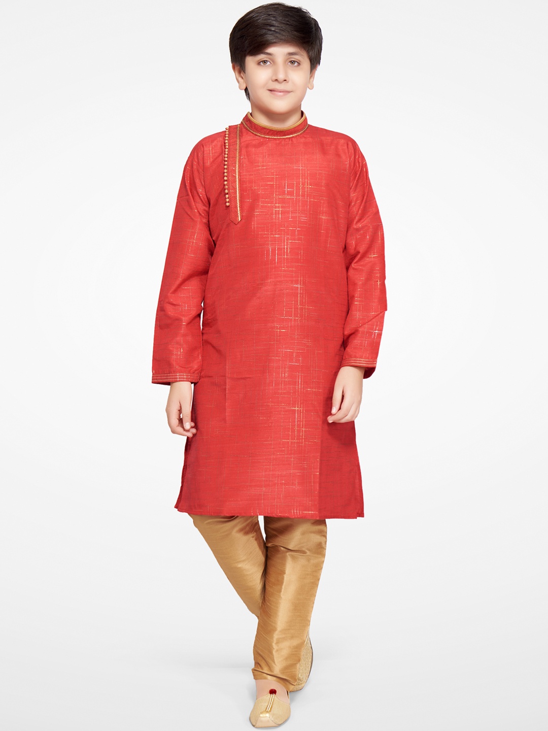 

Jeetethnics Boys Red And Gold Toned Straight Kurta with Churidar