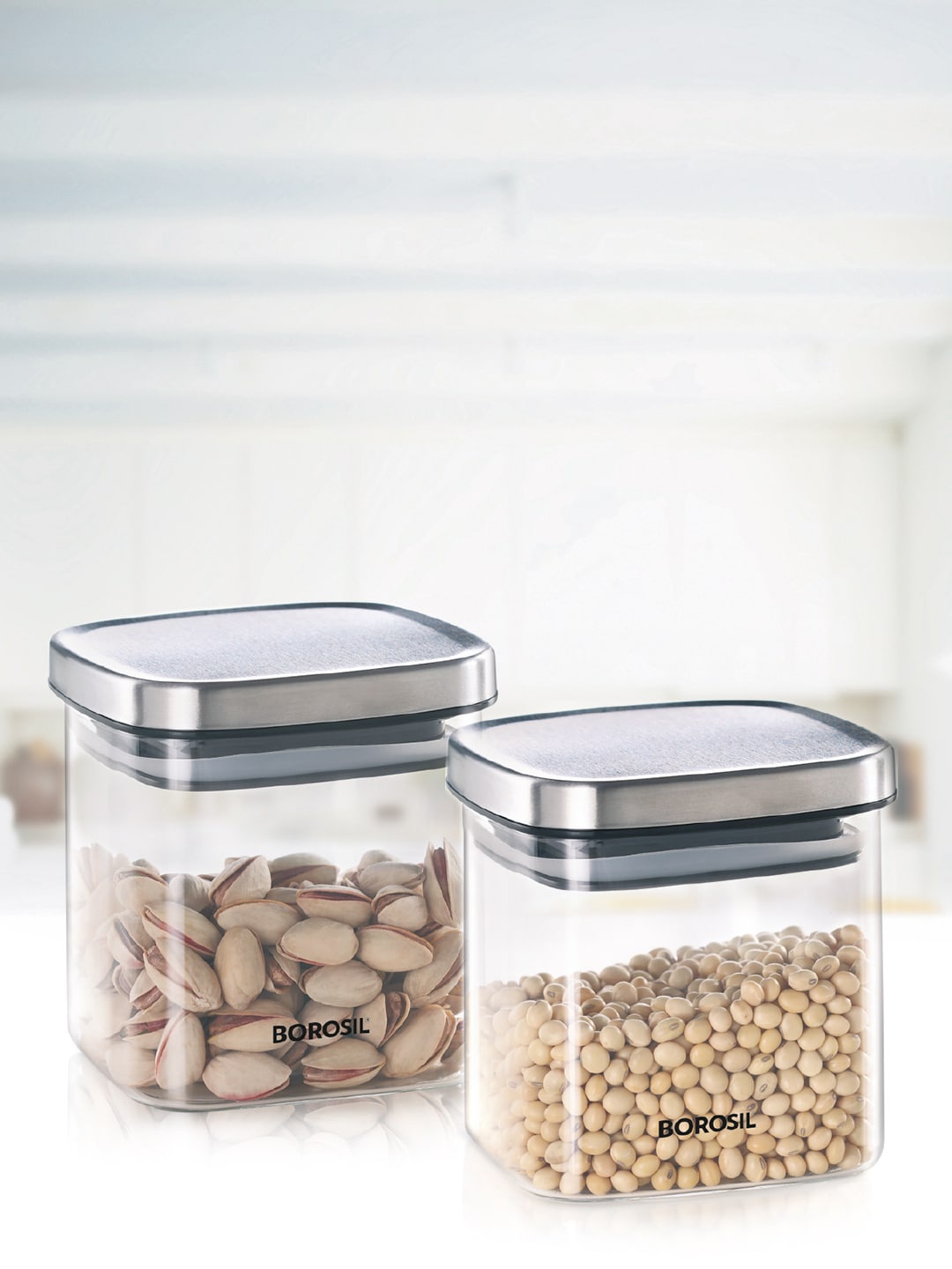 

BOROSIL Set of 2 Transparent & Silver Toned Square Shaped Glass Air-Tight Storage Container