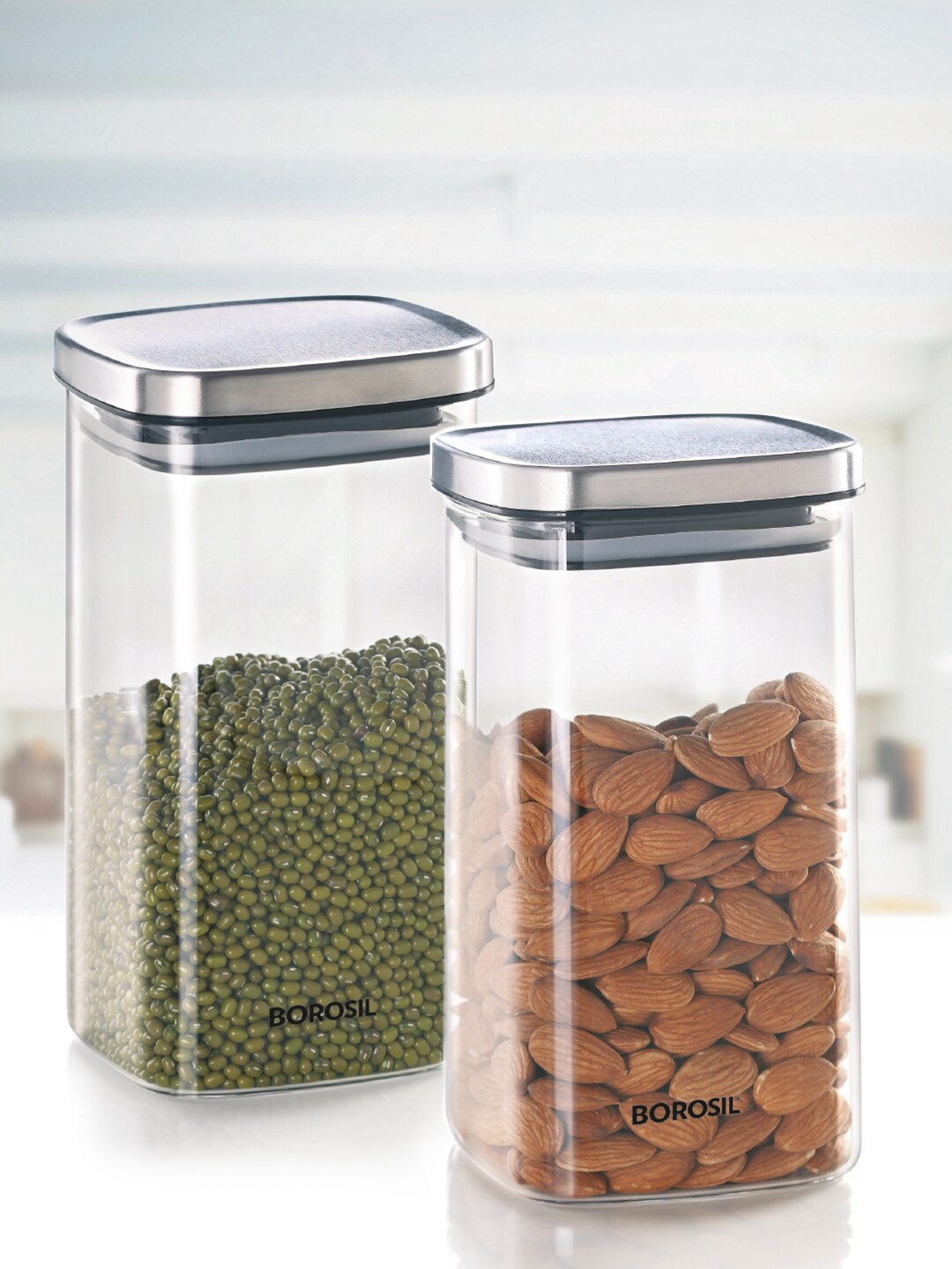 

BOROSIL Set of 2 Square Glass Jar Air-Tight - 1.4 L Each, Transparent
