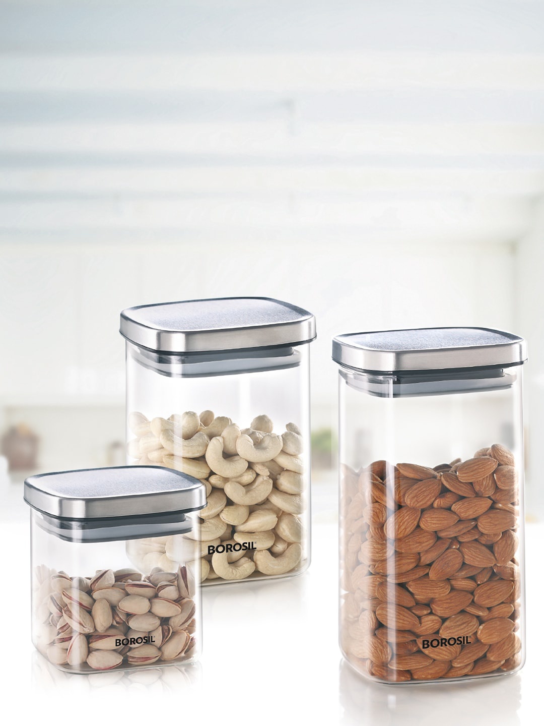 

BOROSIL Set Of 3 Transparent Solid Square Shaped Air-Tight Storage Containers