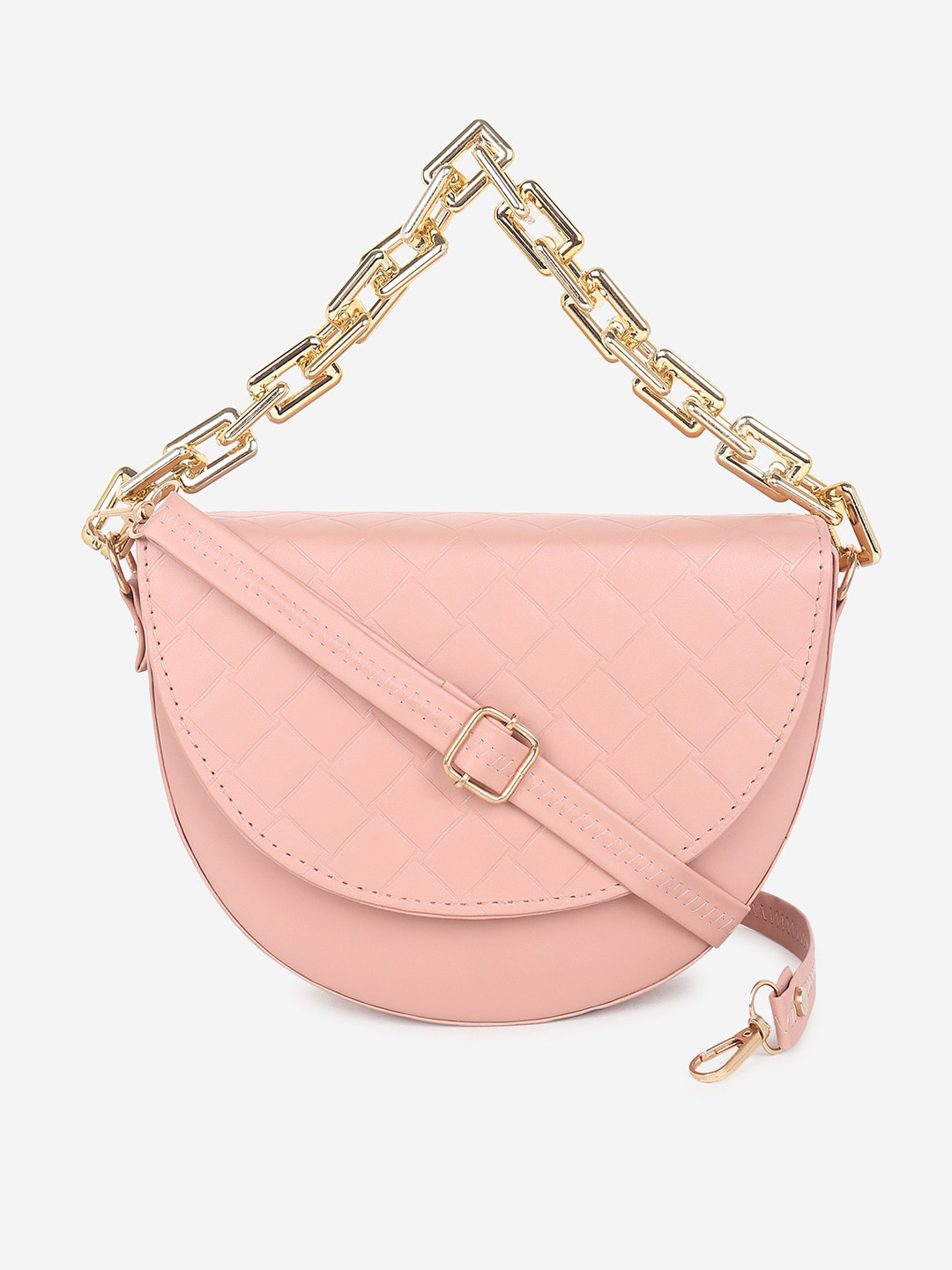 

Stropcarry Women Pink Textured Half Moon Handheld Bag with Quilted
