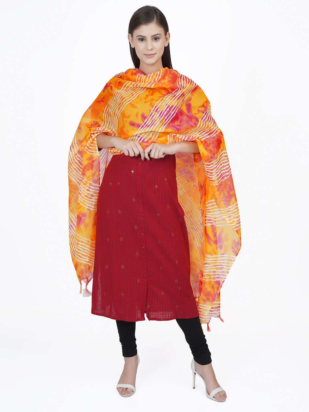 

La Vastraa Orange & Yellow Dyed Cotton Silk Leheriya Dupatta