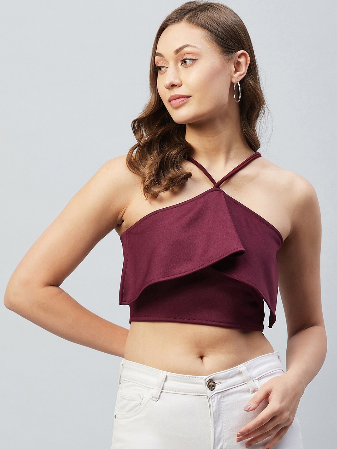 

CHIMPAAANZEE Maroon Solid Ruffled Crop Top