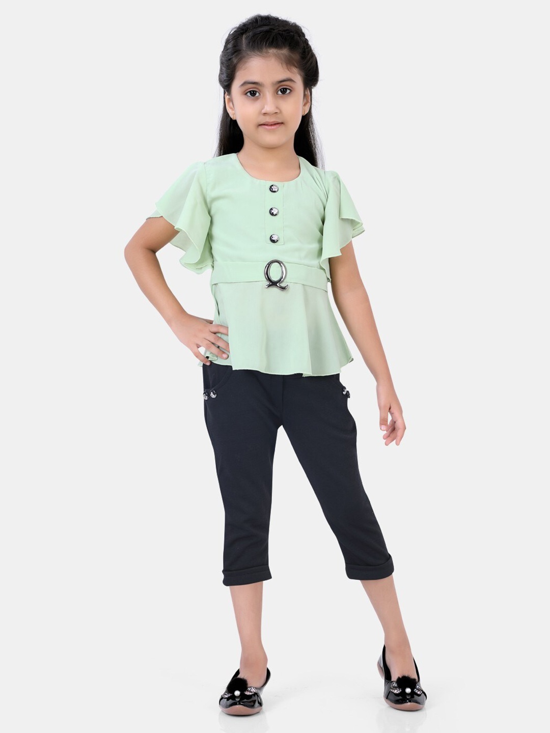 

POPLINS Girls Green Pure Cotton Top with Capris