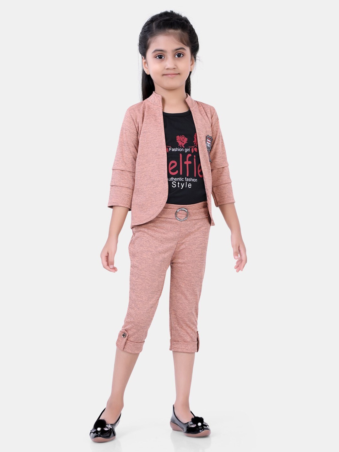 

POPLINS Girls Peach Solid Pure Cotton Top and Capri