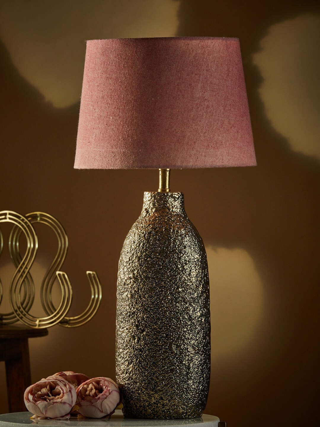 

Fabindia Gold-Toned & Pink Textured Table Lamp with Shade