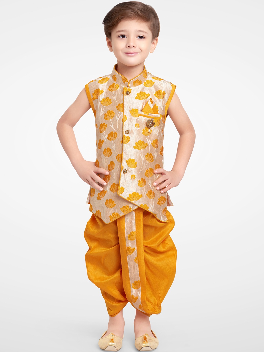 

Jeetethnics Boys Yellow Floral Printed Kurta with Dhoti Pants