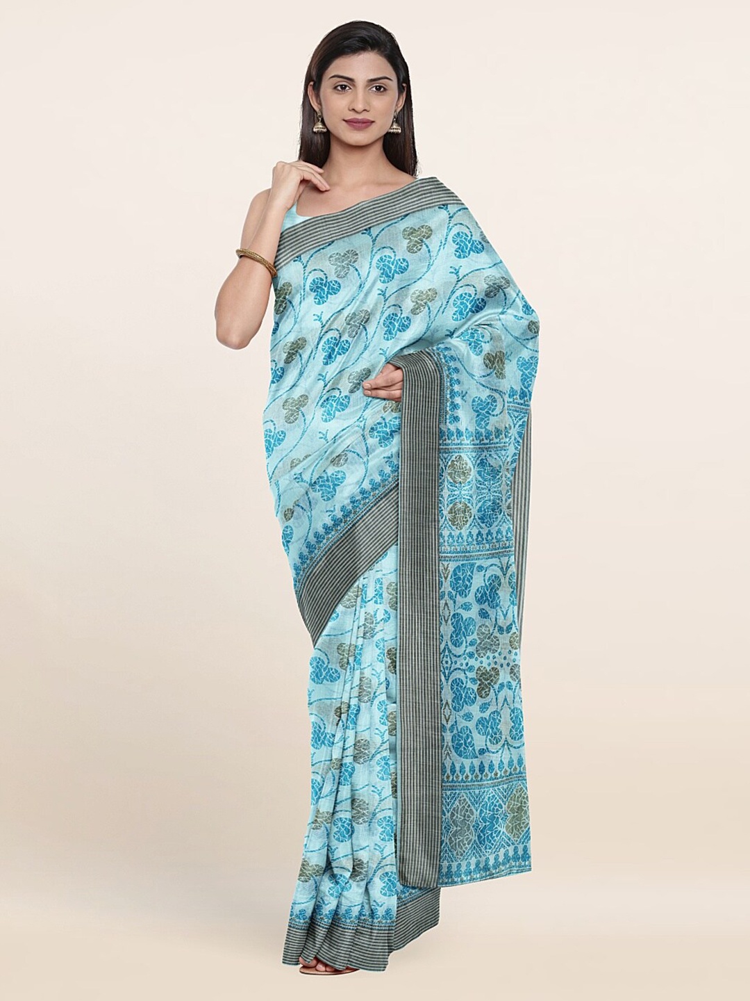 

Pothys Blue & Grey Floral Printed Saree