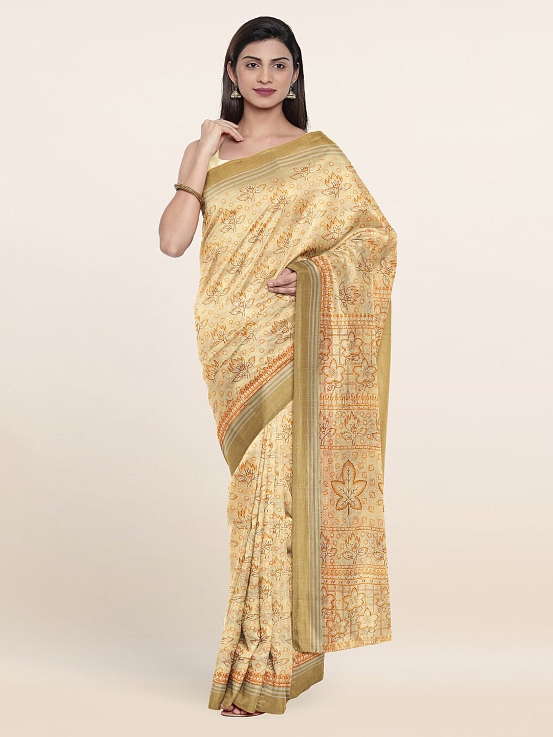 

Pothys Yellow & Gold-Toned Floral Printed Zari Saree