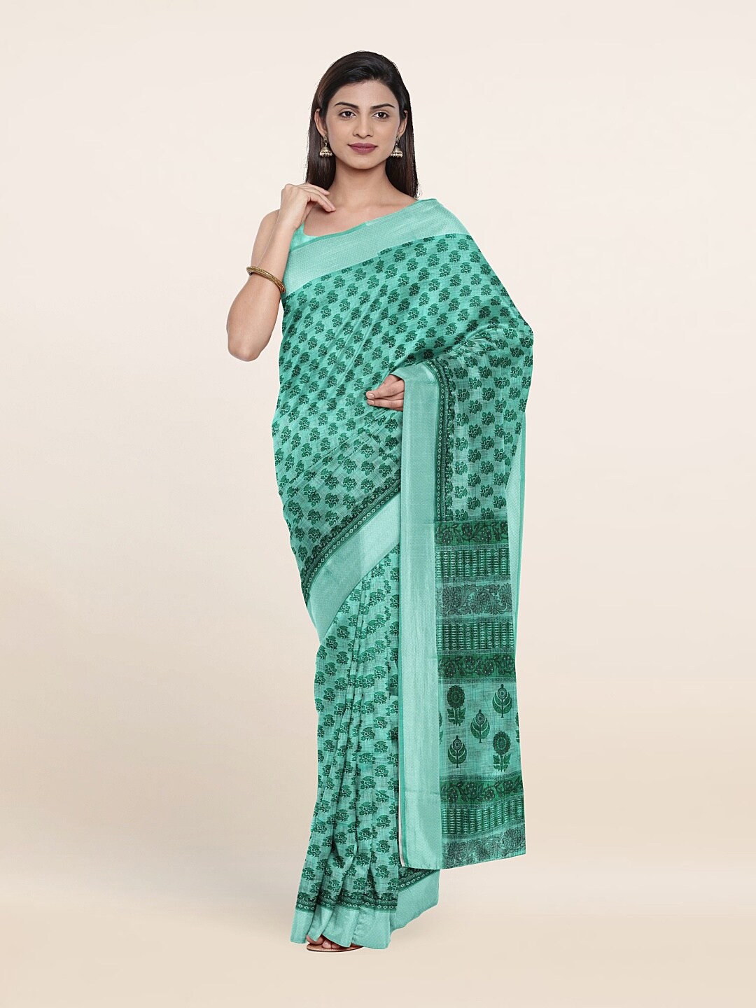 

Pothys Green & Navy Blue Floral Printed Saree