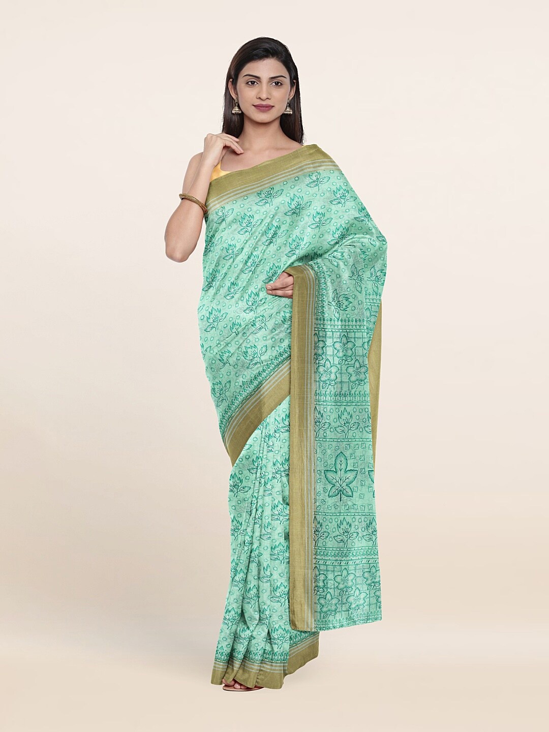 

Pothys Green & Olive Green Floral Printed Saree