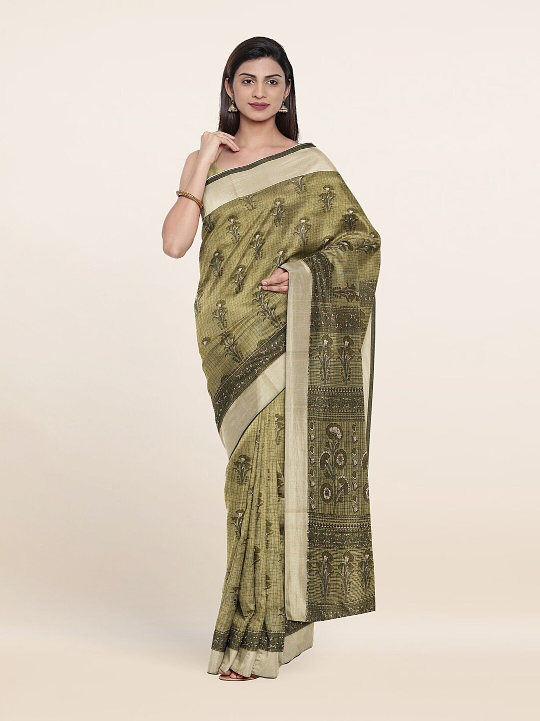 

Pothys Green & Beige Floral Saree